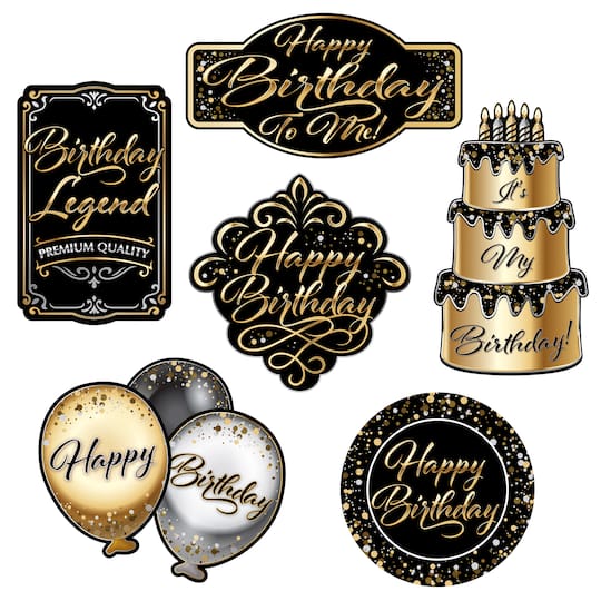 Beistle Black, Gold & Silver Happy Birthday Cutouts, 2 Packs of 6